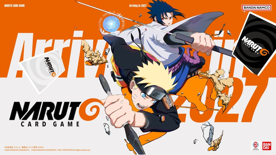 Naruto Card Game teaser artwork showing Naruto and Sasuke with the 2027 arrival announcement
